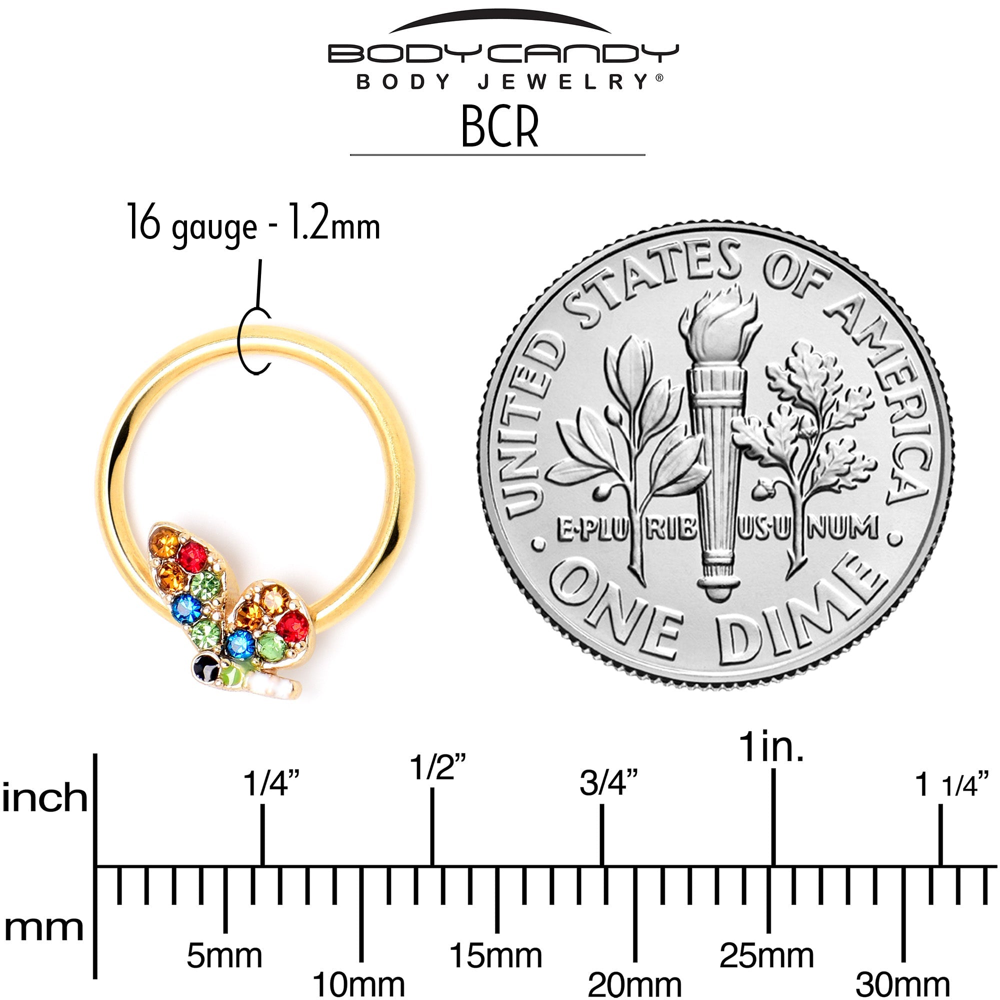 BodyCandy 16G 3/8 Red Blue Gem Gold Tone Butterfly BCR Captive Ring — alternative angle