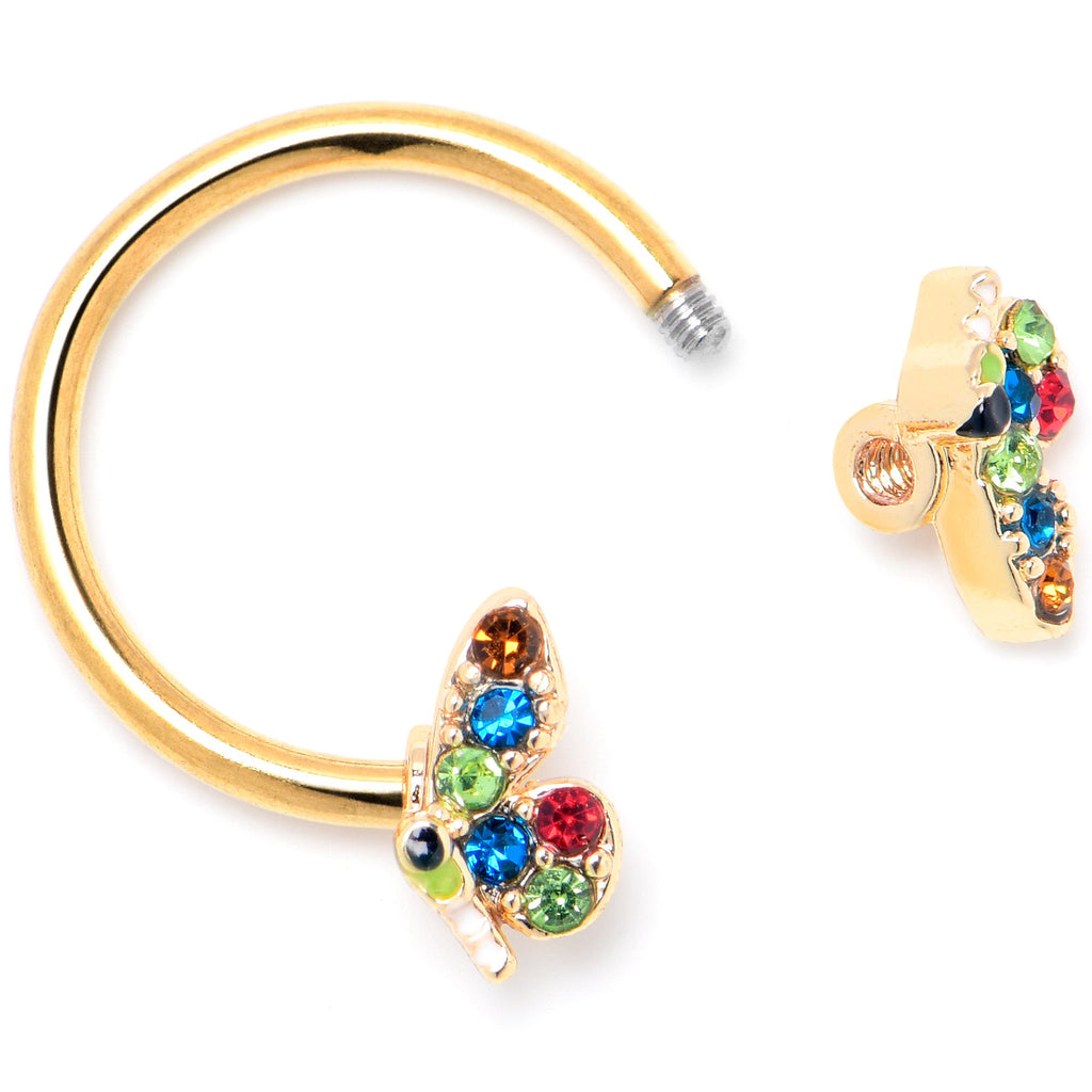BodyCandy 16G 3/8 Red Blue Gem Gold Hue Butterfly Horseshoe Circular Barbell — side view