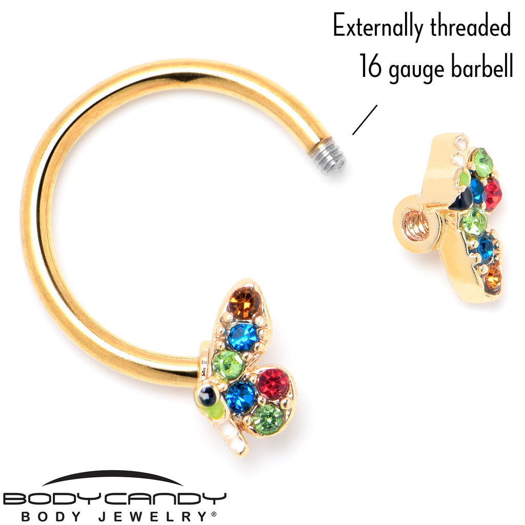 BodyCandy 16G 3/8 Red Blue Gem Gold Hue Butterfly Horseshoe Circular Barbell — back view