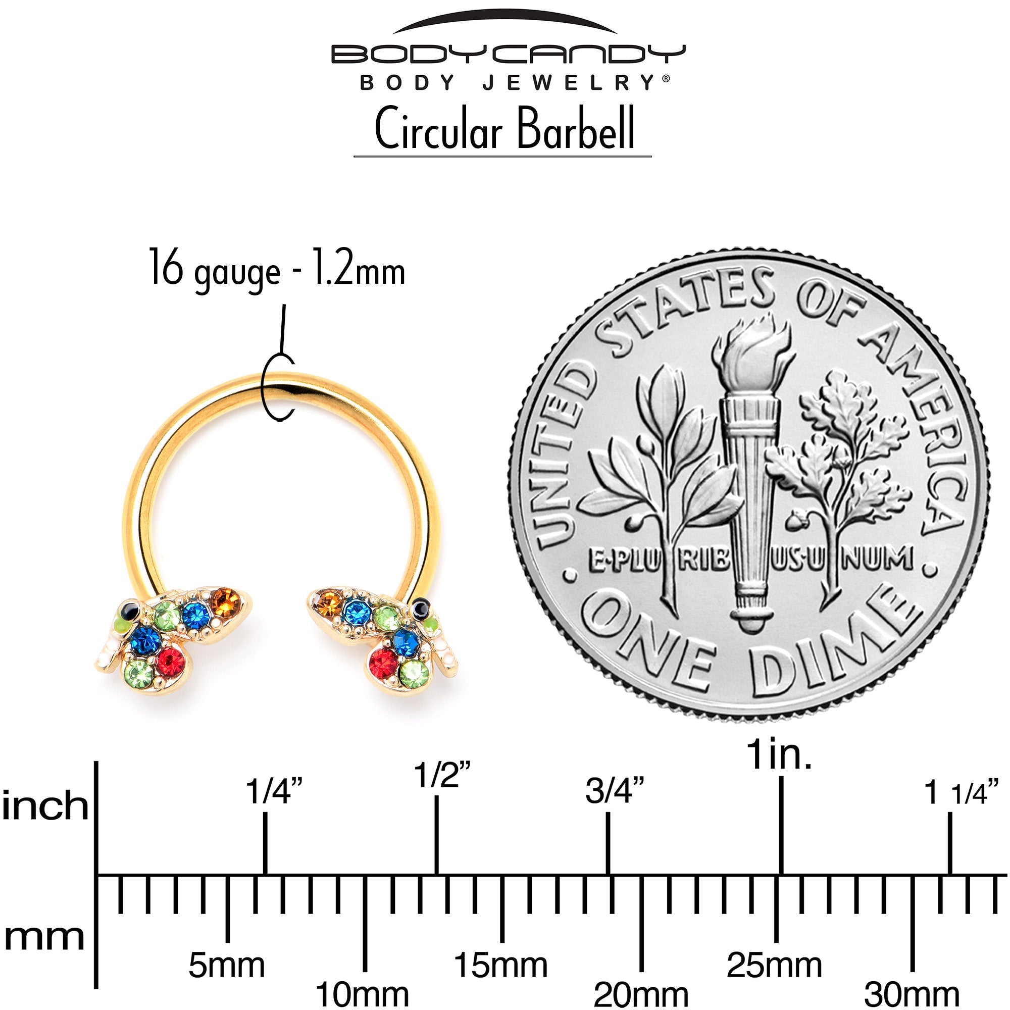 BodyCandy 16G 3/8 Red Blue Gem Gold Hue Butterfly Horseshoe Circular Barbell — alternative angle