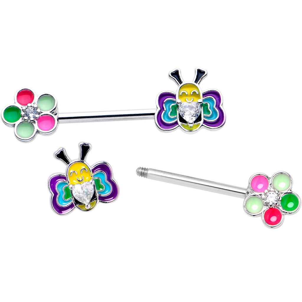 BodyCandy 14G 9/16 Clear CZ Gem Butterfly Love Bug Barbell Nipple Ring Set — detail close-up
