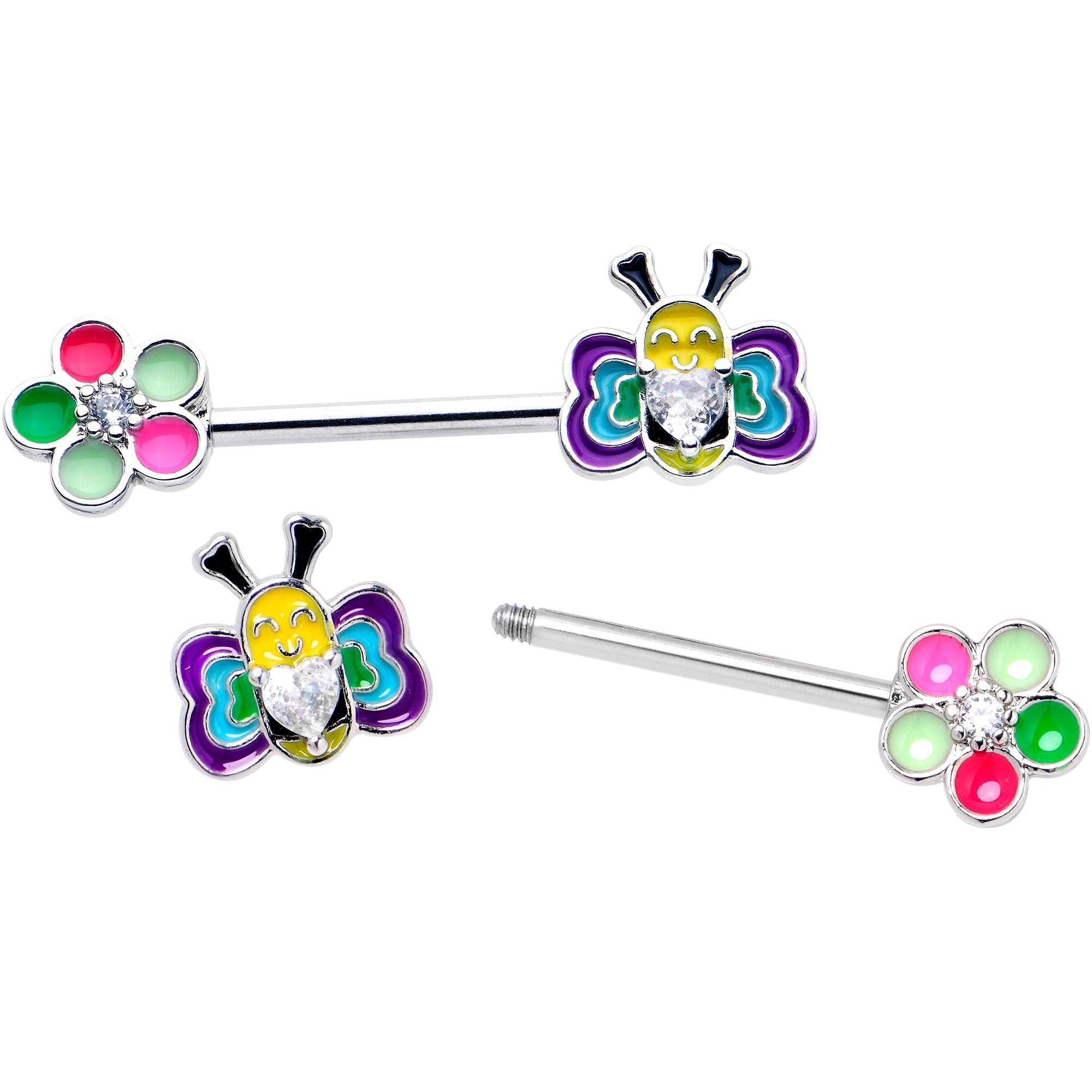 BodyCandy 14G 9/16 Clear CZ Gem Butterfly Love Bug Barbell Nipple Ring Set — detail close-up