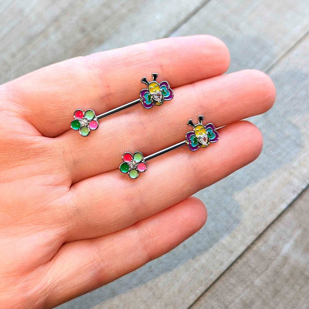 BodyCandy 14G 9/16 Clear CZ Gem Butterfly Love Bug Barbell Nipple Ring Set — lifestyle context