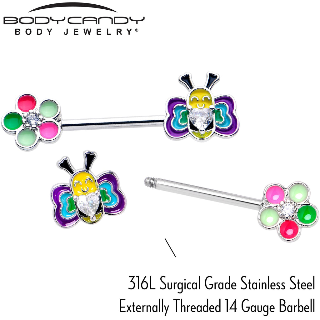 BodyCandy 14G 9/16 Clear CZ Gem Butterfly Love Bug Barbell Nipple Ring Set — side view