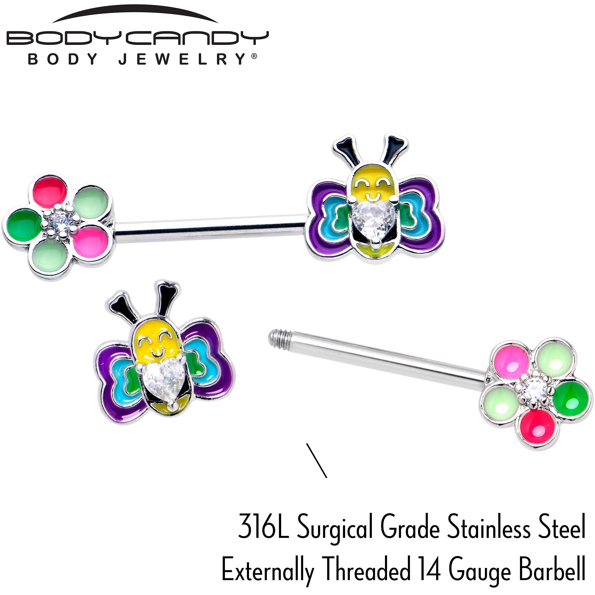 BodyCandy 14G 9/16 Clear CZ Gem Butterfly Love Bug Barbell Nipple Ring Set — side view