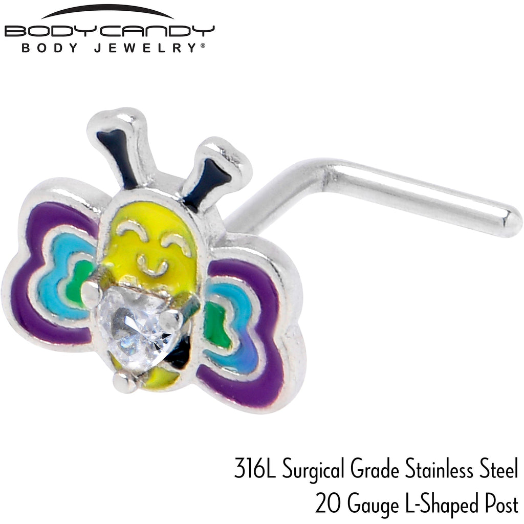 BodyCandy 20G 7mm Clear CZ Gem Butterfly Love Bug L Shape Nose Ring — back view