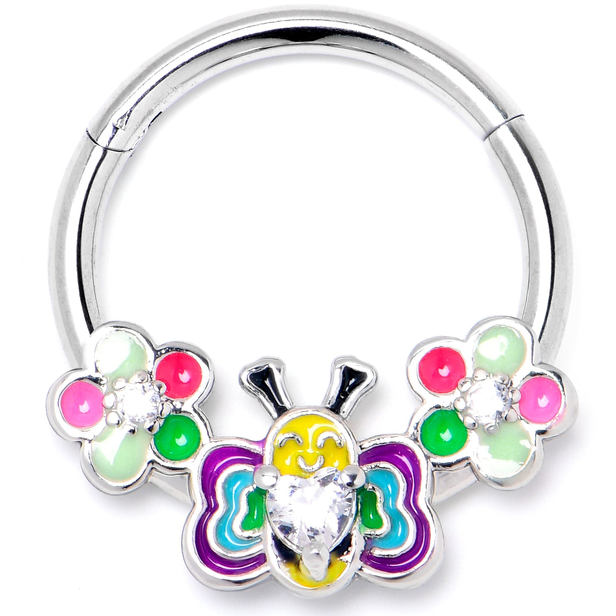 BodyCandy 16G 3/8 Clear CZ Gem Butterfly Love Bug Hinged Segment Ring — main product shot
