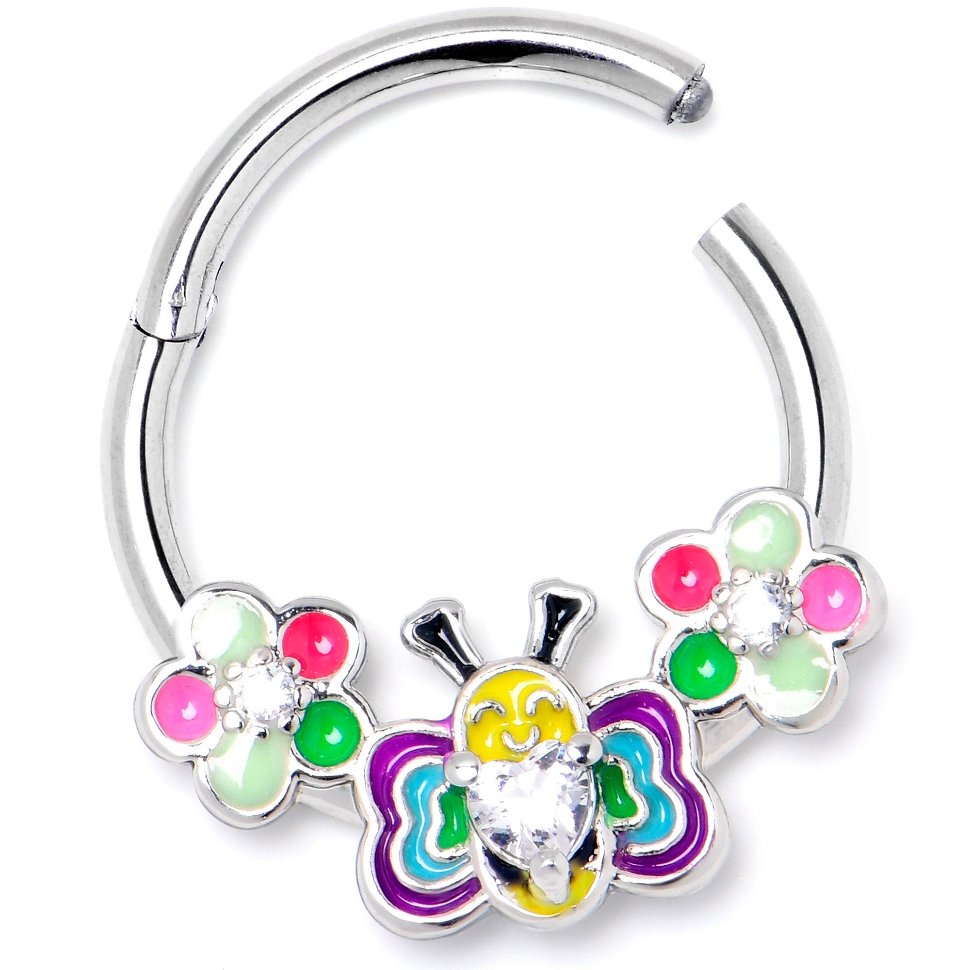 BodyCandy 16G 3/8 Clear CZ Gem Butterfly Love Bug Hinged Segment Ring — side view