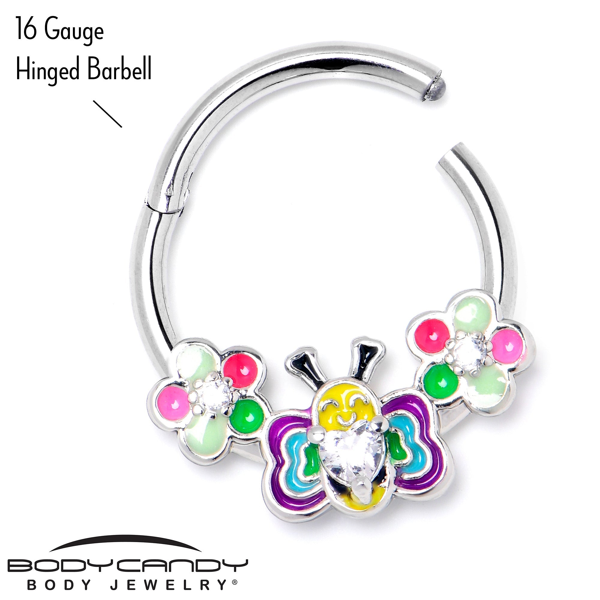 BodyCandy 16G 3/8 Clear CZ Gem Butterfly Love Bug Hinged Segment Ring — back view