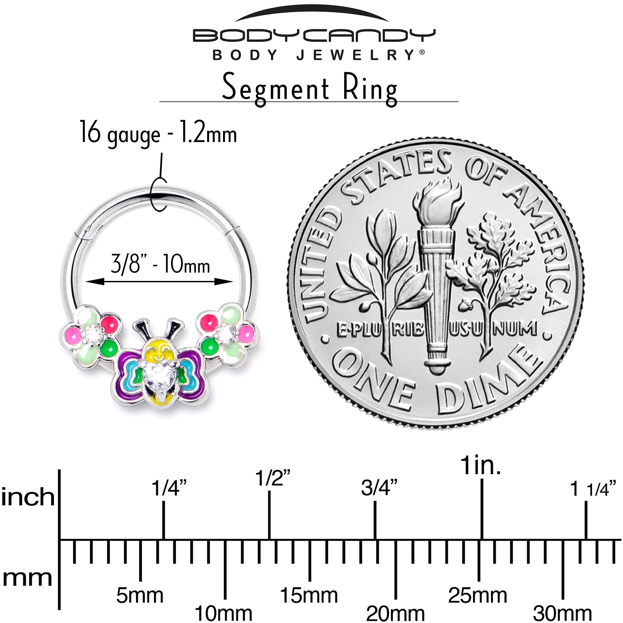 BodyCandy 16G 3/8 Clear CZ Gem Butterfly Love Bug Hinged Segment Ring — alternative angle