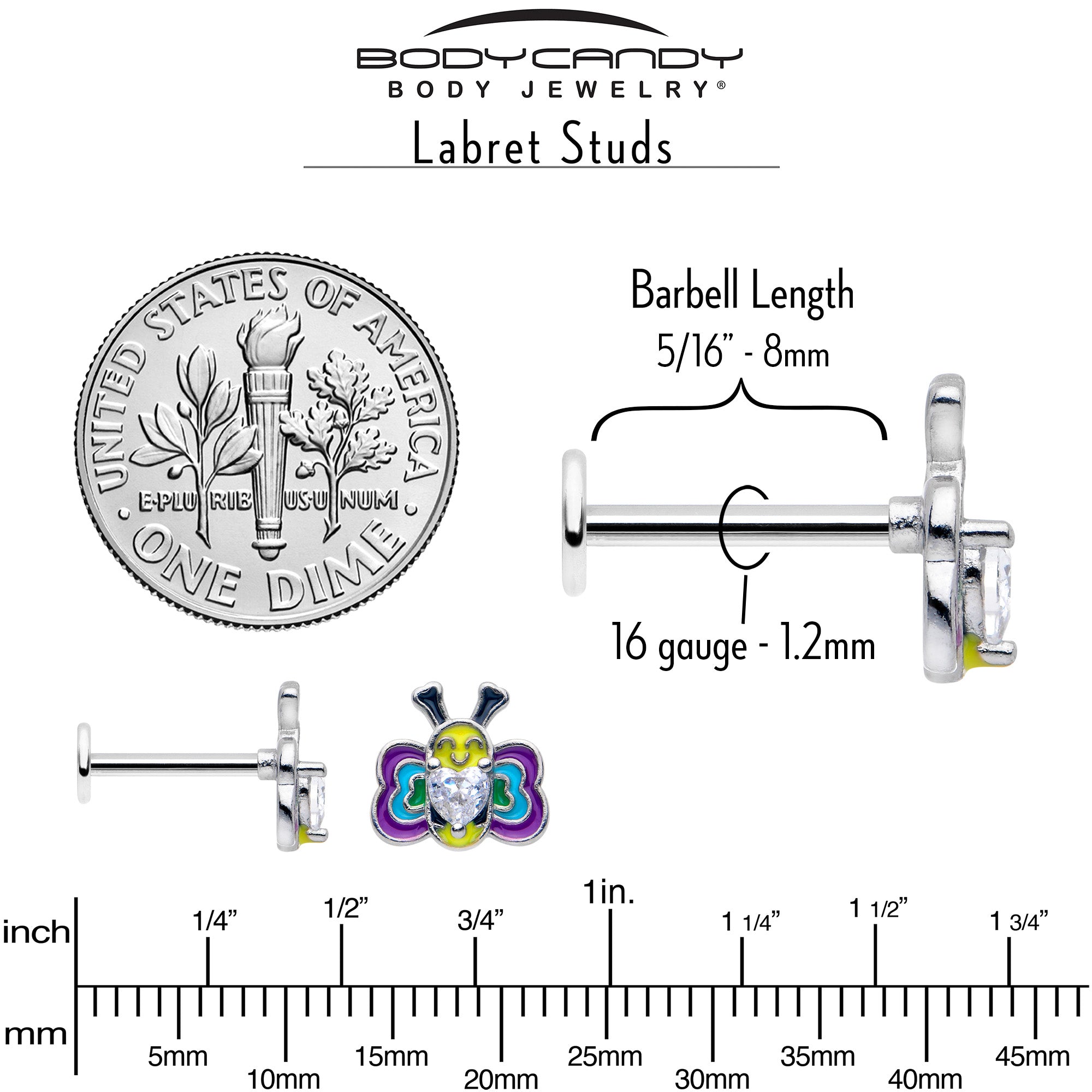 BodyCandy 16G 5/16 Clear CZ Gem Butterfly Love Bug Labret Monroe Tragus — in-use photo