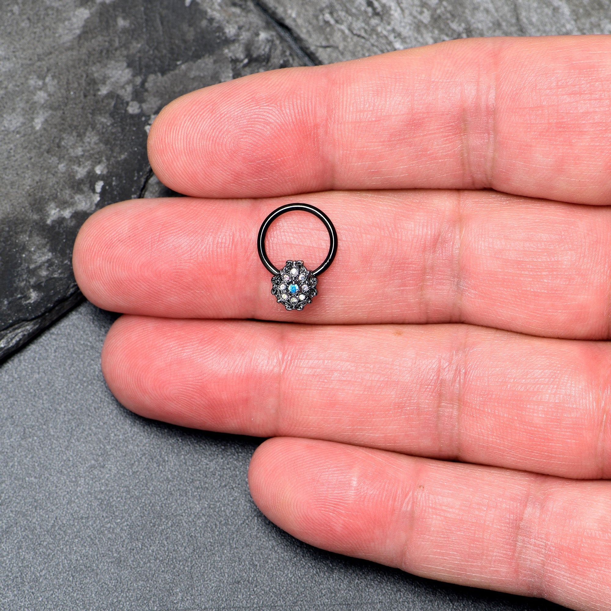 BodyCandy 16G 3/8 Blue Aurora Gem Black Night Blossom BCR Captive Ring — detail close-up