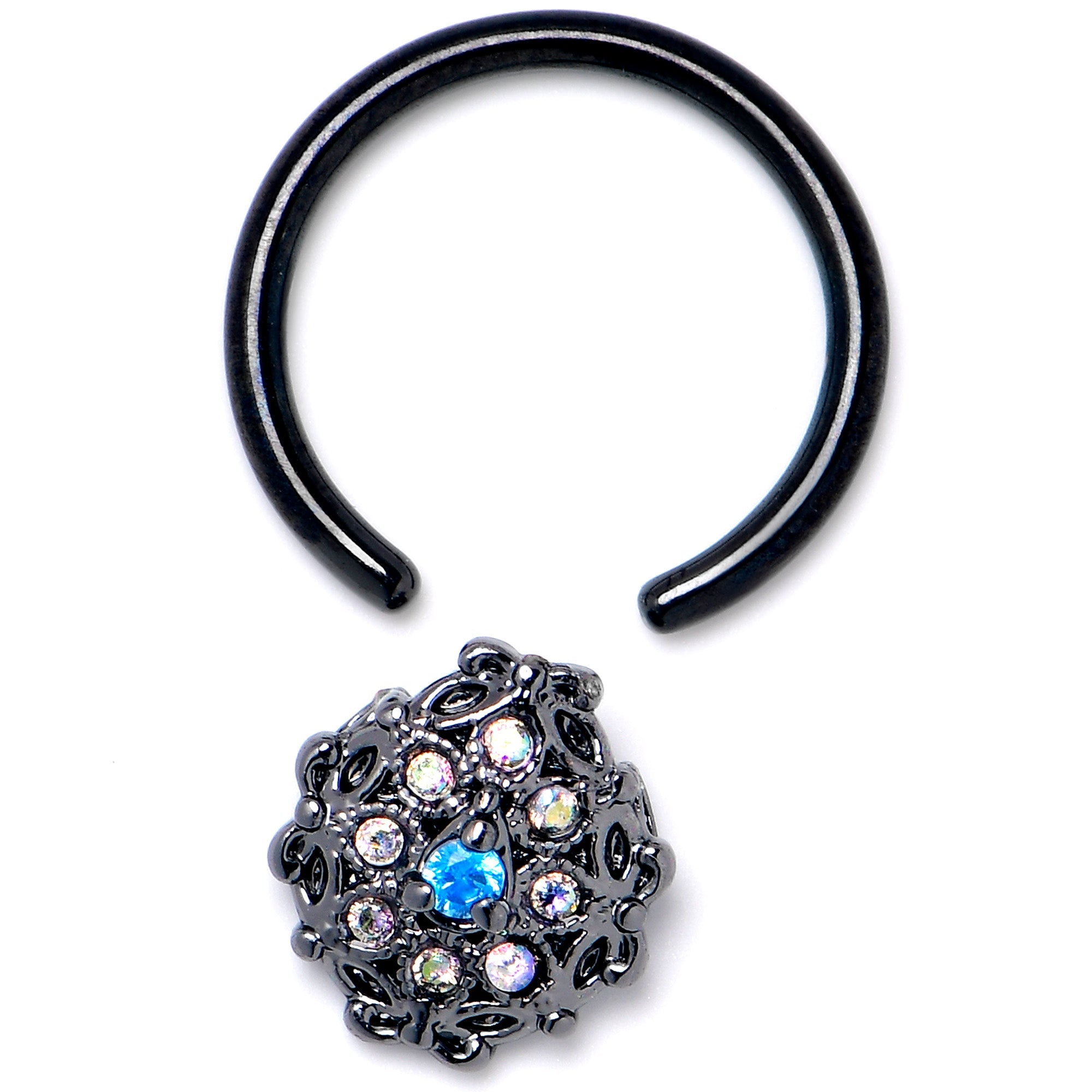 BodyCandy 16G 3/8 Blue Aurora Gem Black Night Blossom BCR Captive Ring — side view