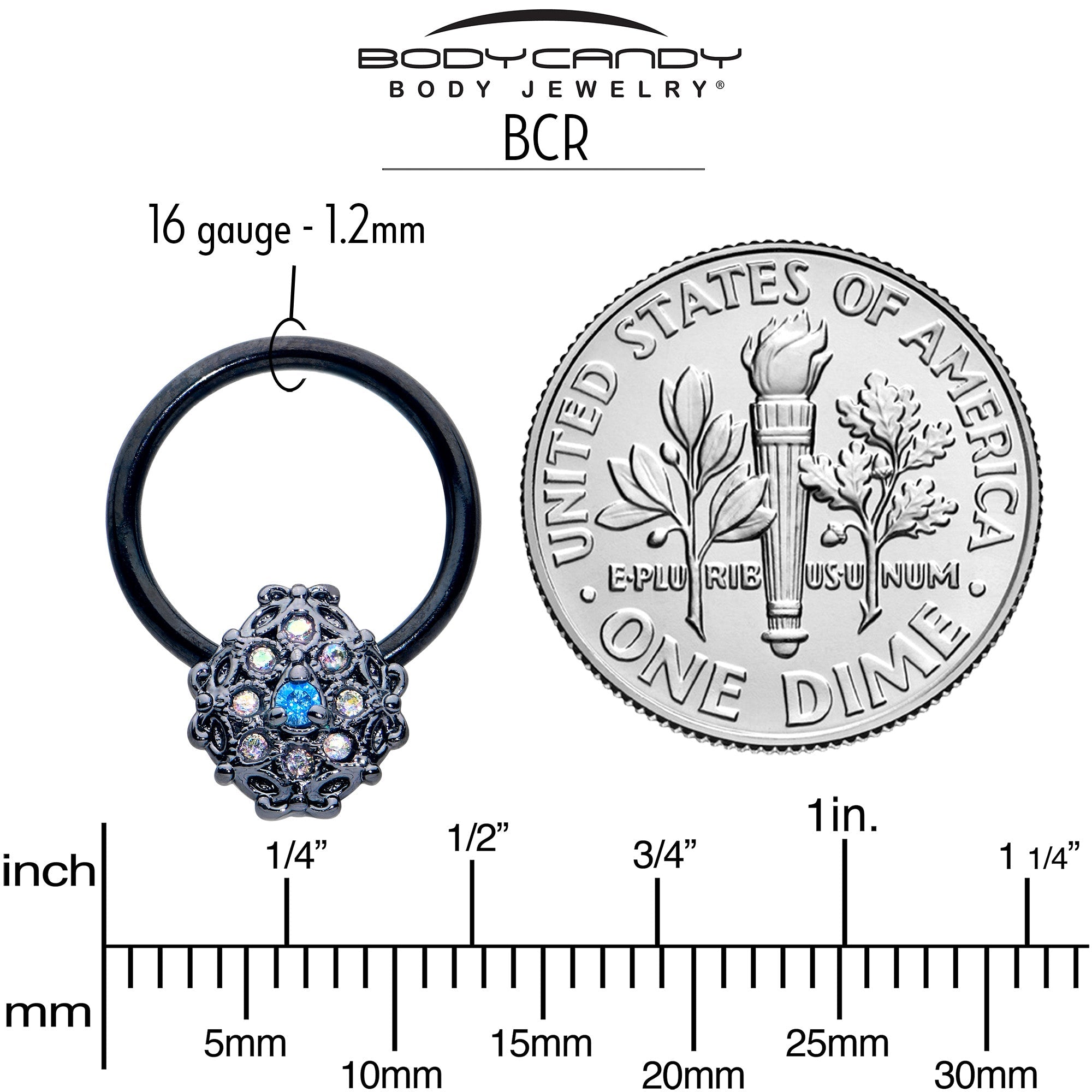 BodyCandy 16G 3/8 Blue Aurora Gem Black Night Blossom BCR Captive Ring — alternative angle