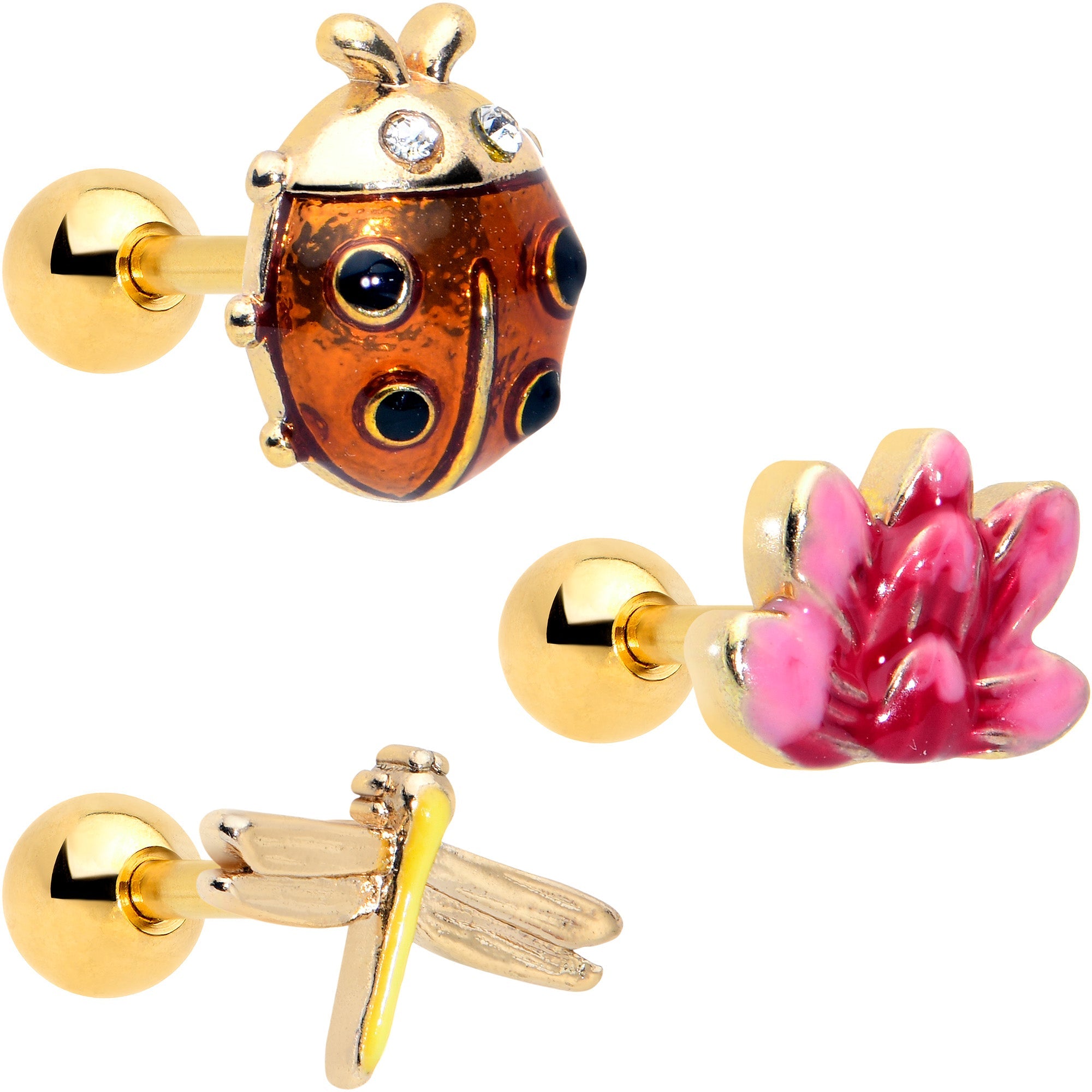 BodyCandy 16G 1/4 Clear Gem Gold Tone Ladybug Lotus Cartilage Set of 3 — main product shot