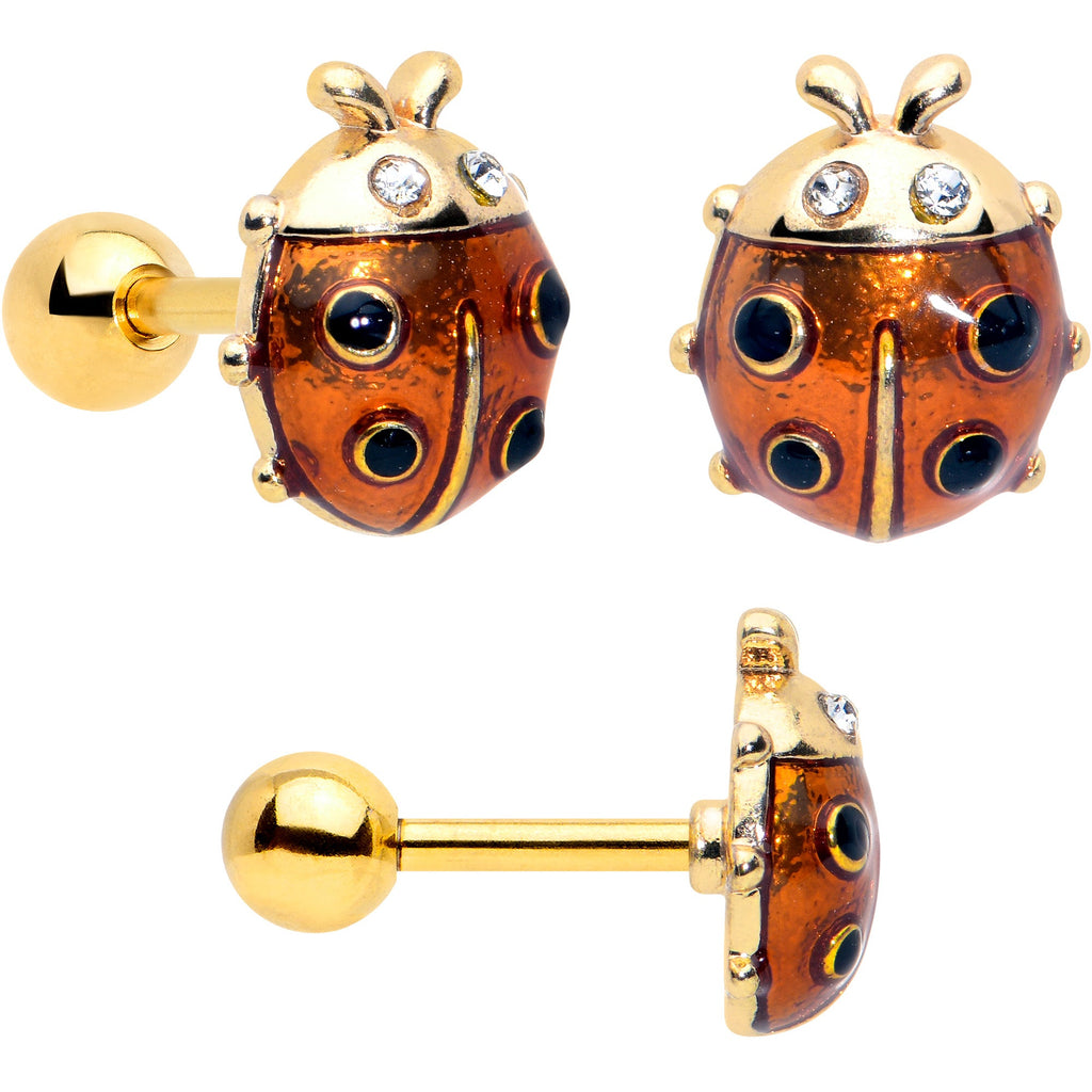 BodyCandy 16G 1/4 Clear Gem Gold Tone Ladybug Lotus Cartilage Set of 3 — detail close-up