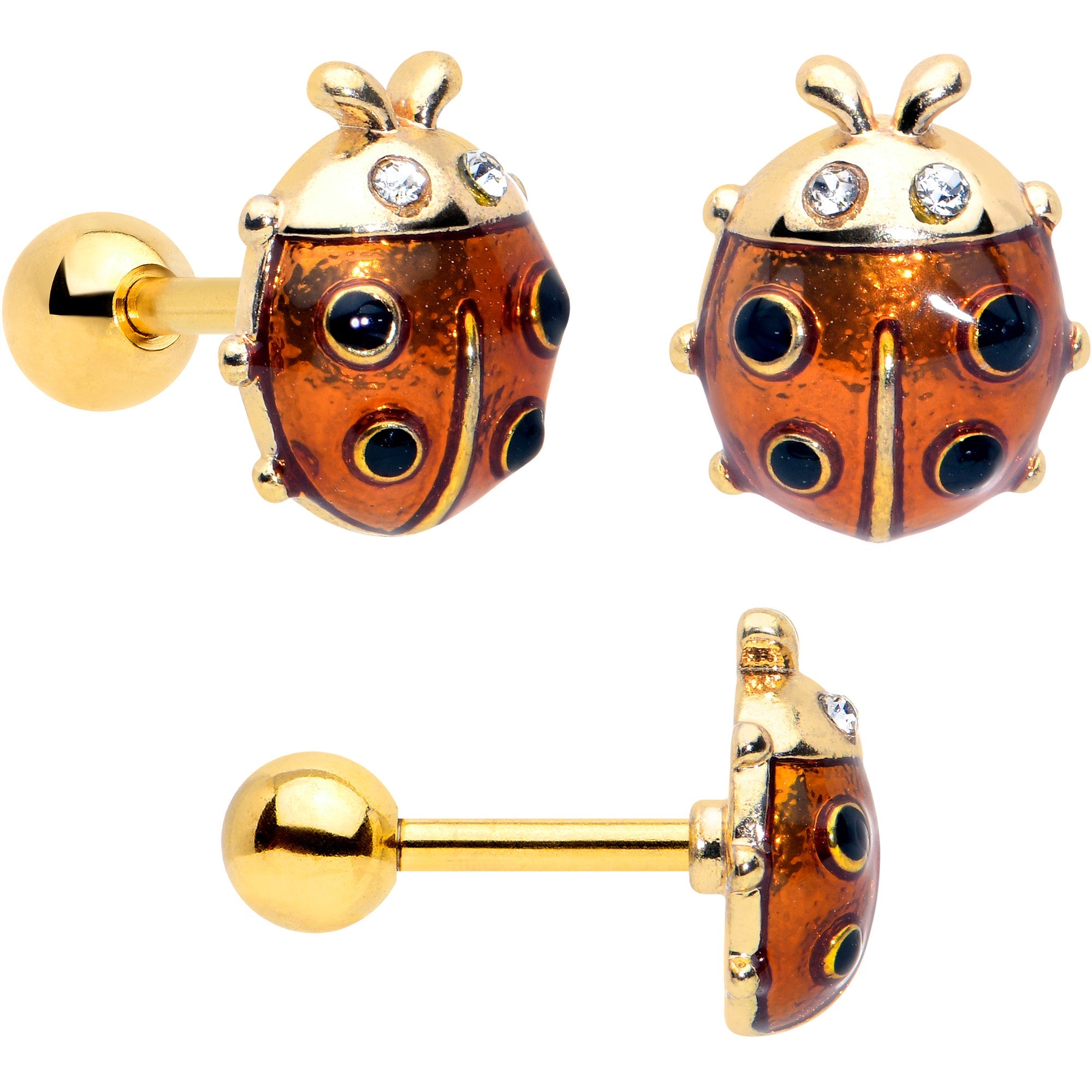 BodyCandy 16G 1/4 Clear Gem Gold Tone Ladybug Lotus Cartilage Set of 3 — detail close-up
