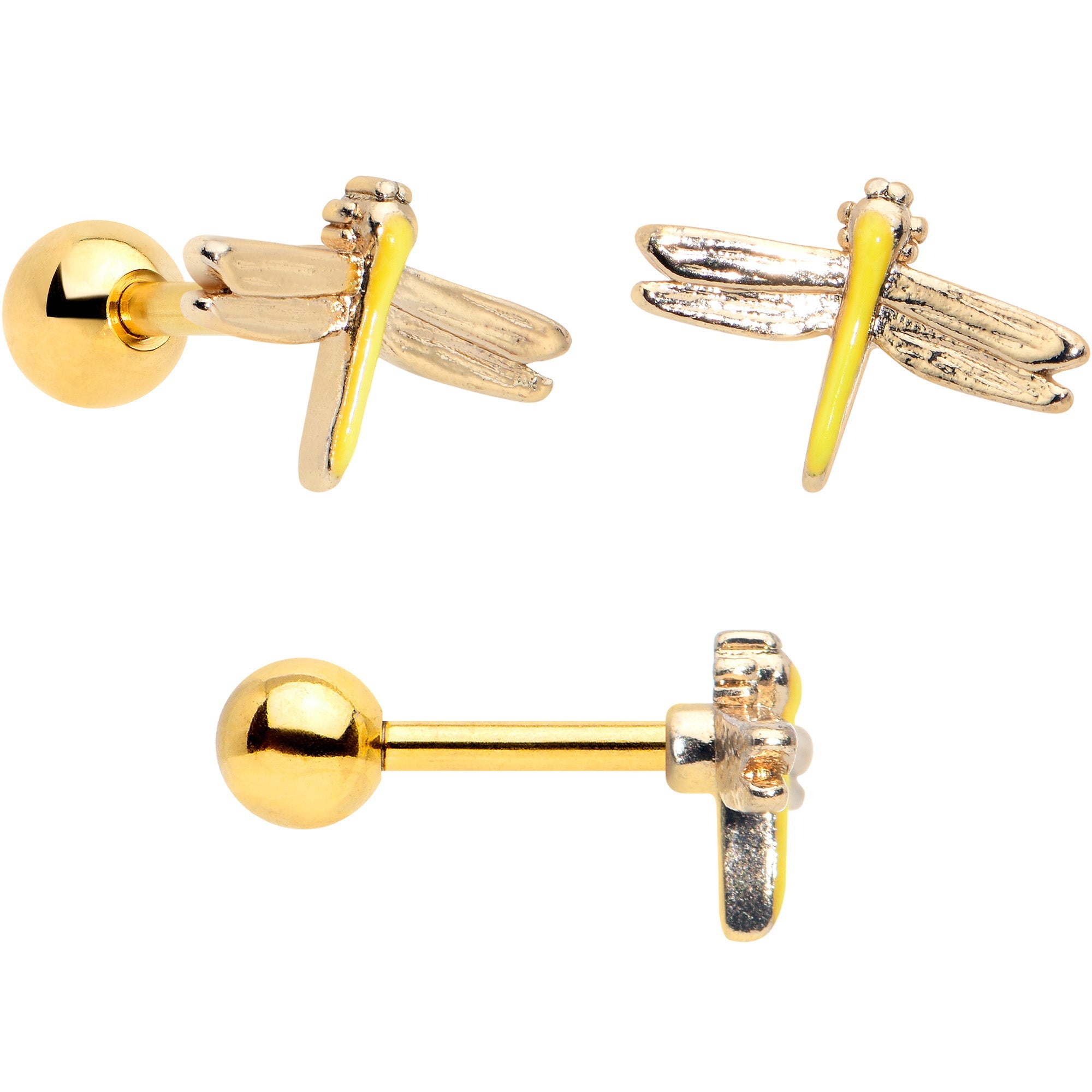 BodyCandy 16G 1/4 Clear Gem Gold Tone Ladybug Lotus Cartilage Set of 3 — side view