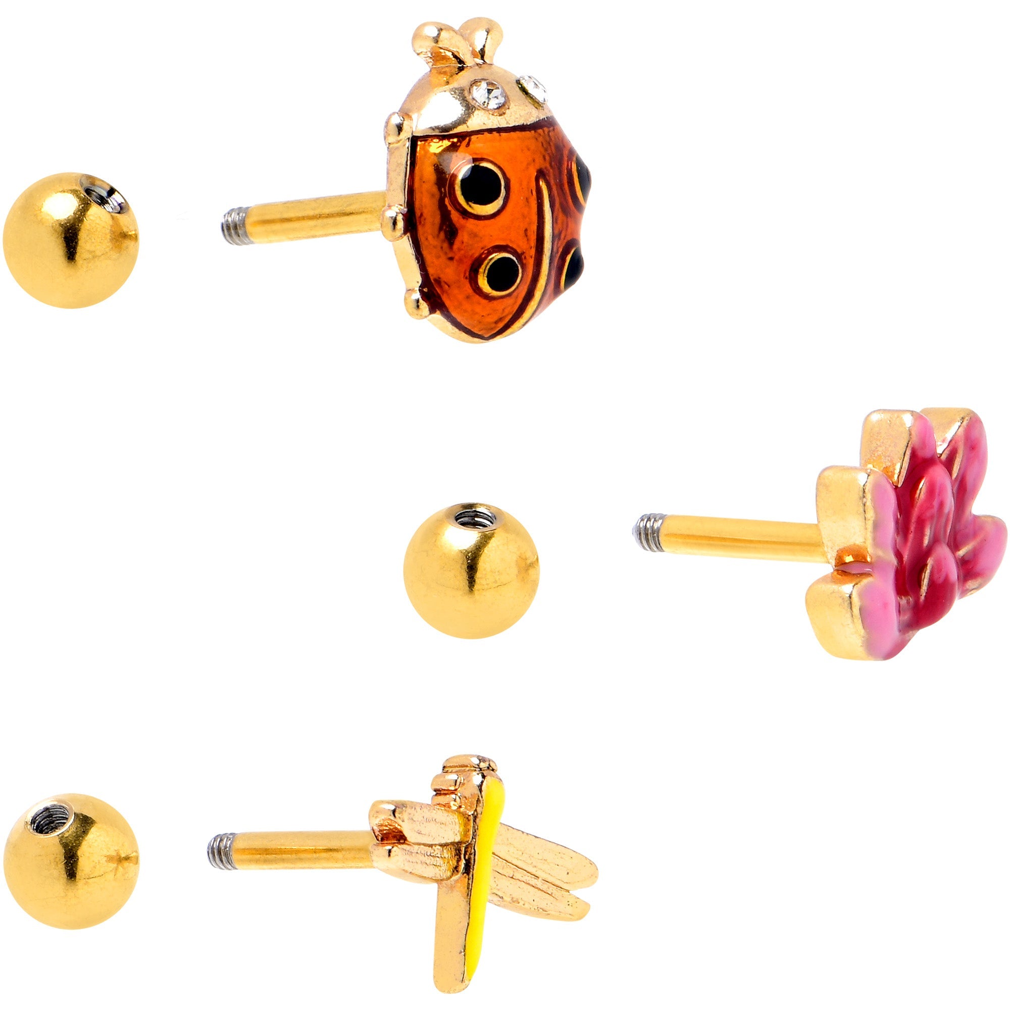 BodyCandy 16G 1/4 Clear Gem Gold Tone Ladybug Lotus Cartilage Set of 3 — back view