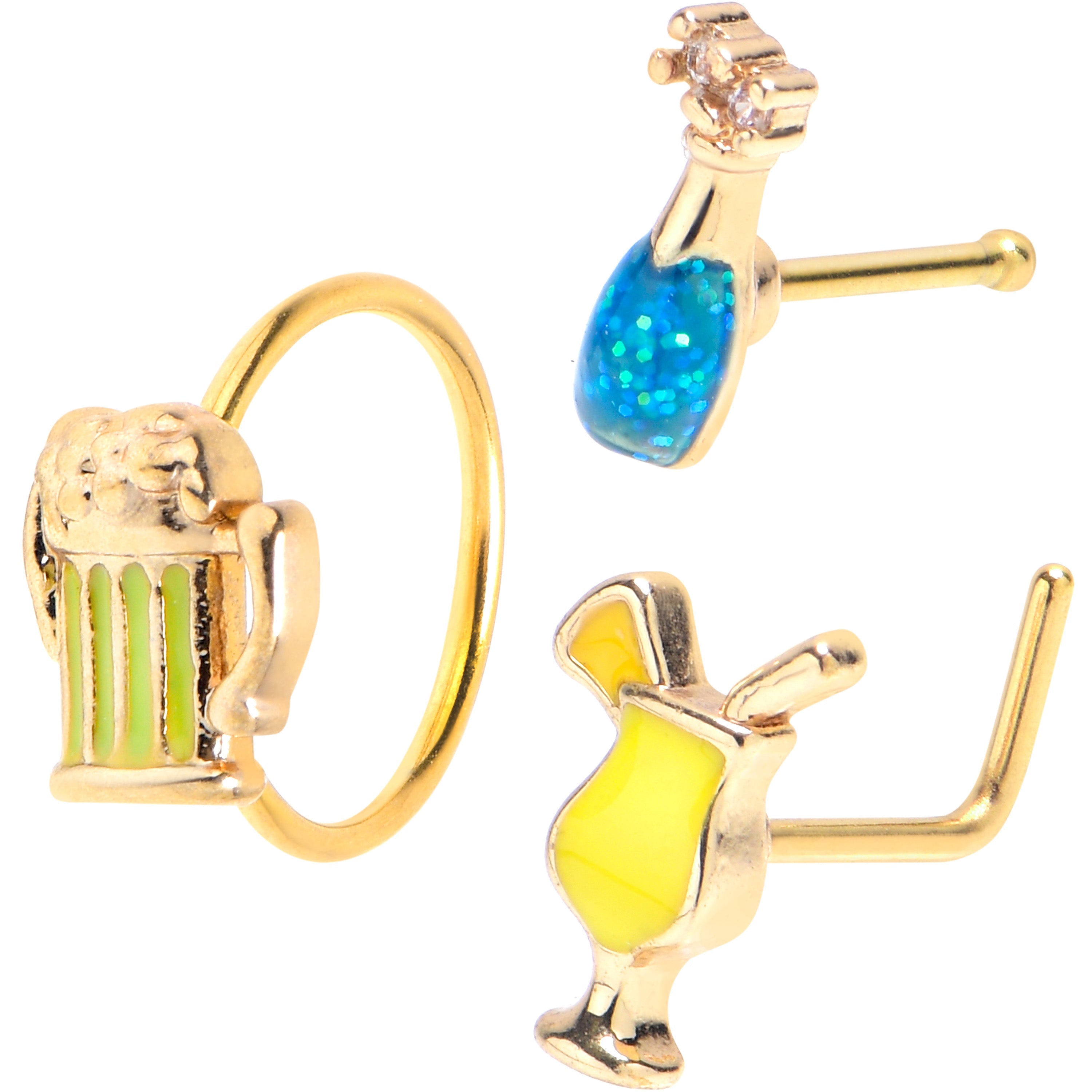 BodyCandy 20G 1/4 5/16 Gold Tone Happy Hour Nose Bone Hoop Set of 3 — main product shot