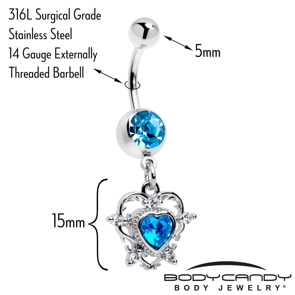 BodyCandy Blue CZ Gem Heart Pair Dangle Belly Ring — detail close-up