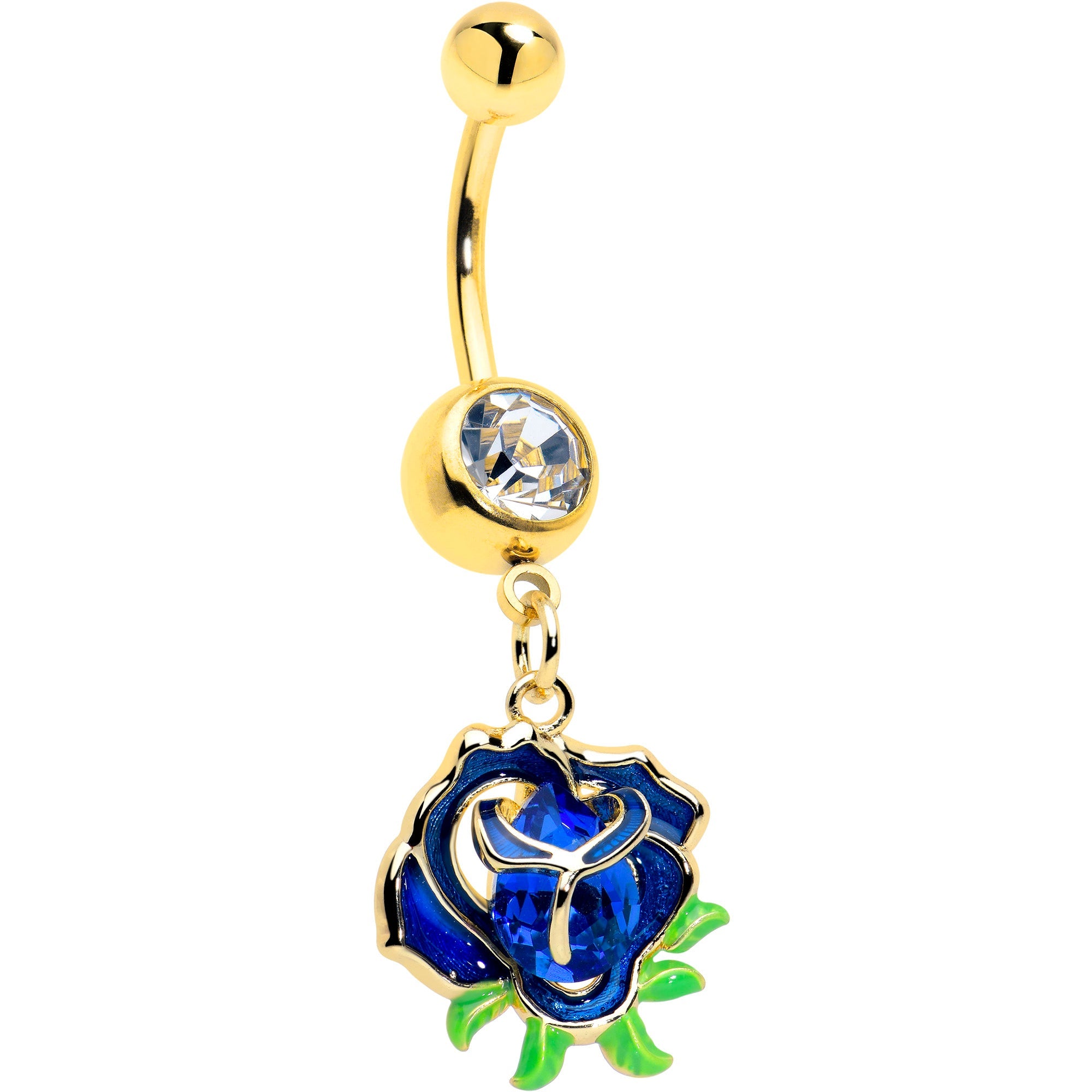 BodyCandy Blue Gem Gold Tone Deep Blue Flower Dangle Belly Ring — main product shot