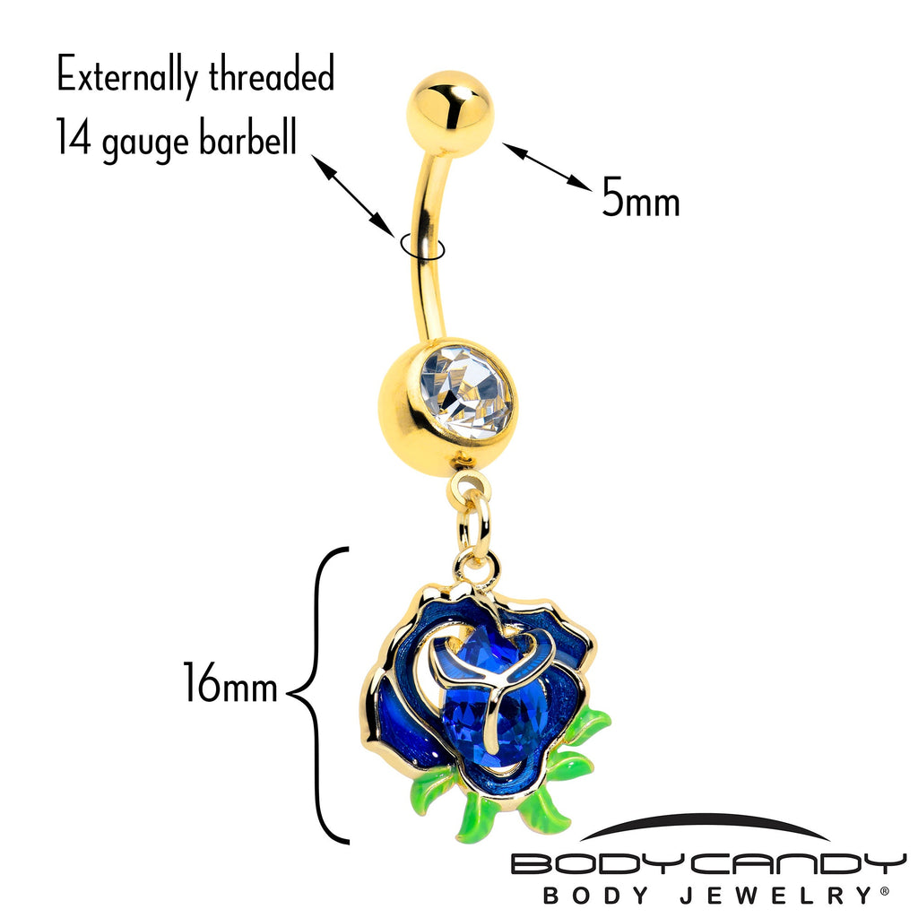 BodyCandy Blue Gem Gold Tone Deep Blue Flower Dangle Belly Ring — detail close-up