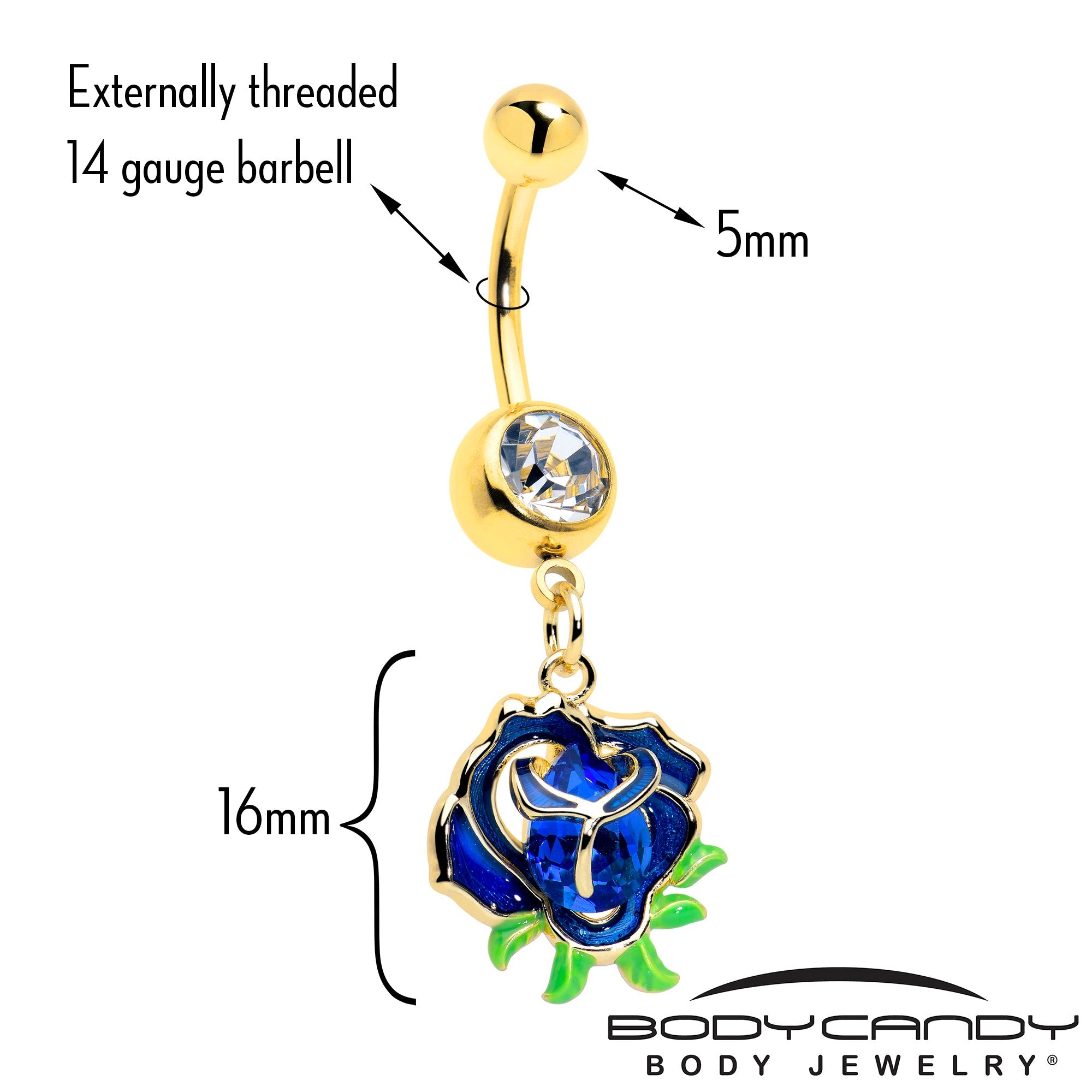 BodyCandy Blue Gem Gold Tone Deep Blue Flower Dangle Belly Ring — detail close-up