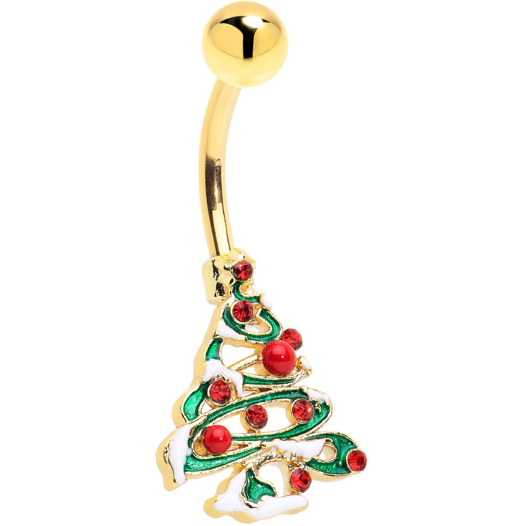 BodyCandy Red Gem Gold Tone Snowy Christmas Tree Holiday Belly Ring — main product shot
