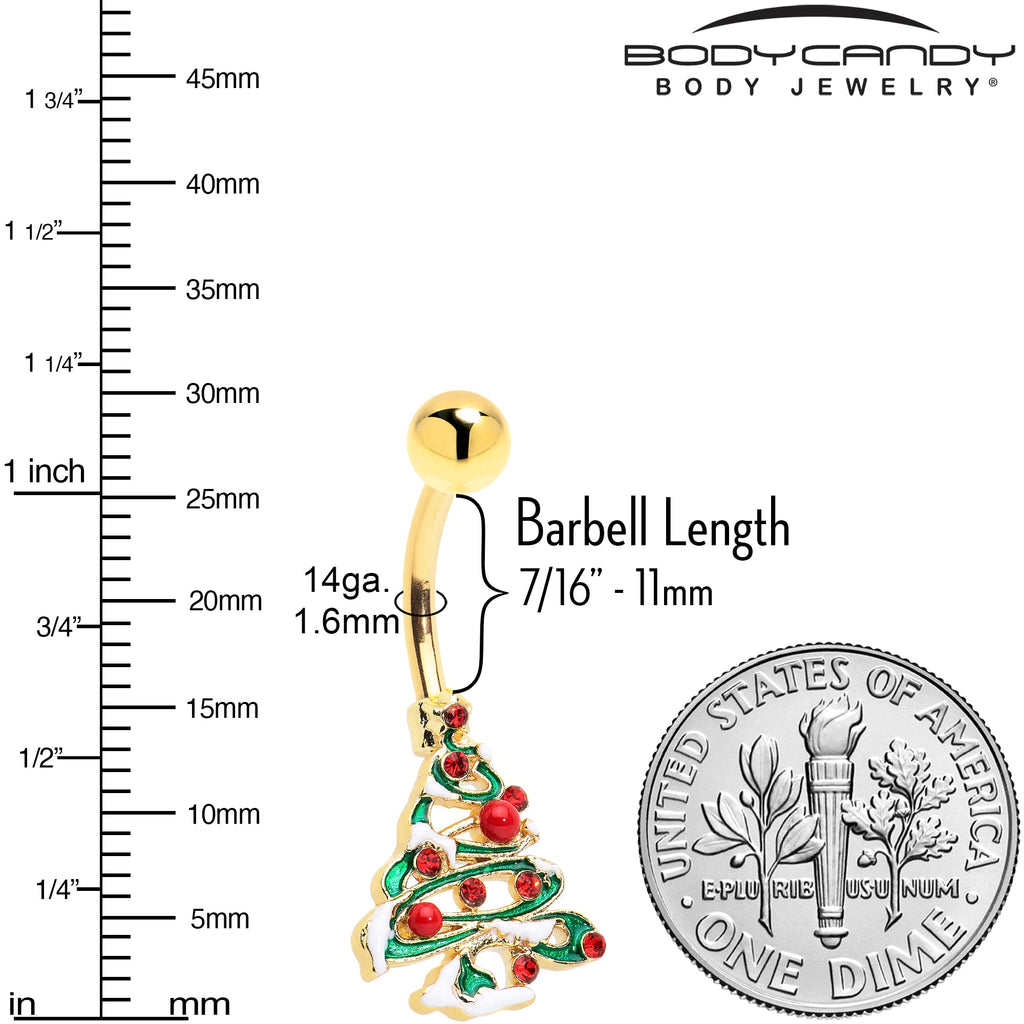 BodyCandy Red Gem Gold Tone Snowy Christmas Tree Holiday Belly Ring — detail close-up