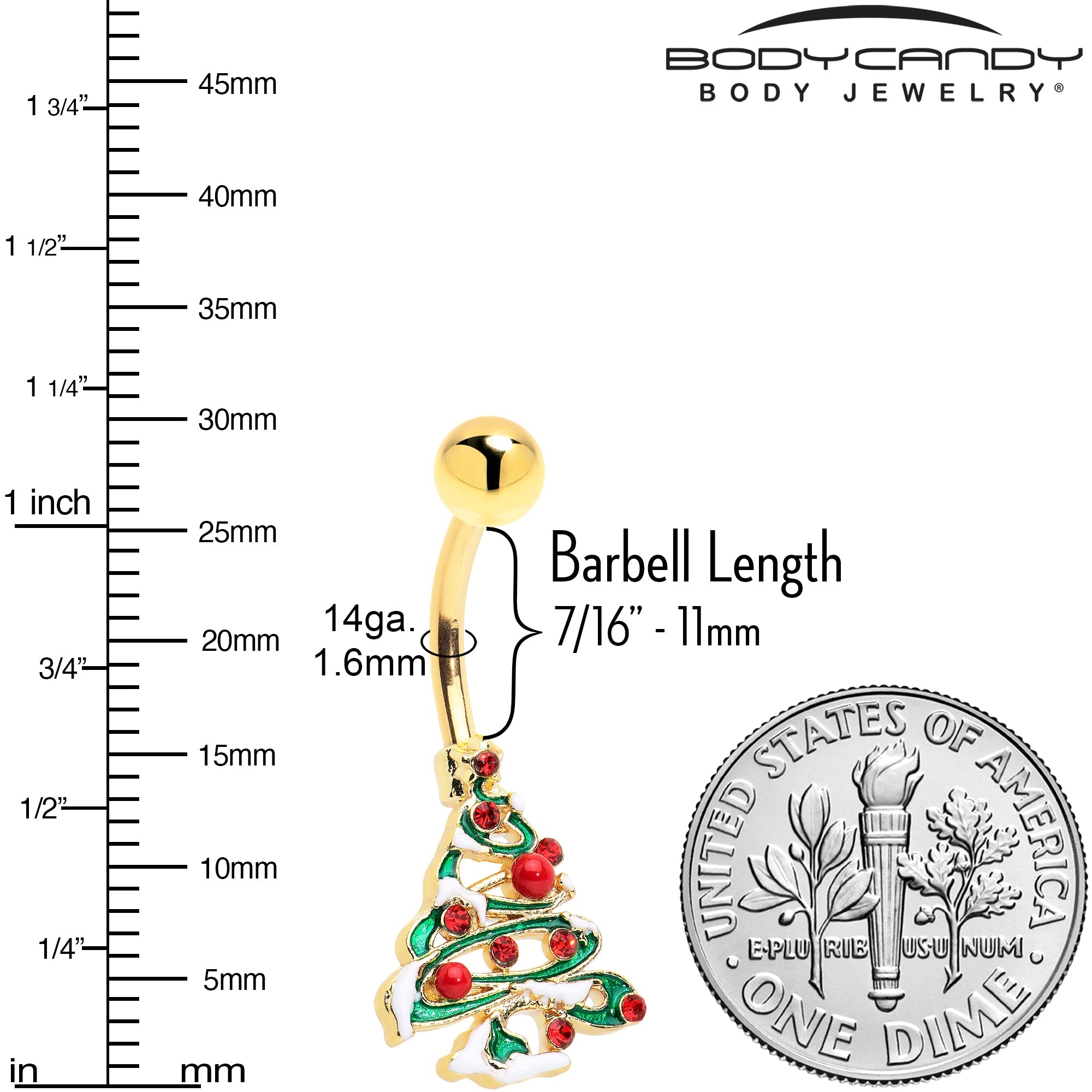 BodyCandy Red Gem Gold Tone Snowy Christmas Tree Holiday Belly Ring — detail close-up