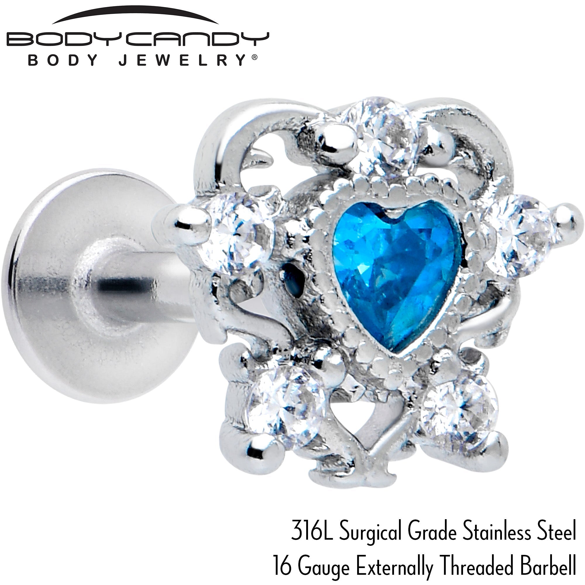BodyCandy 16G Blue Clear CZ Gem Heart Pair Flat Back Earring — detail close-up