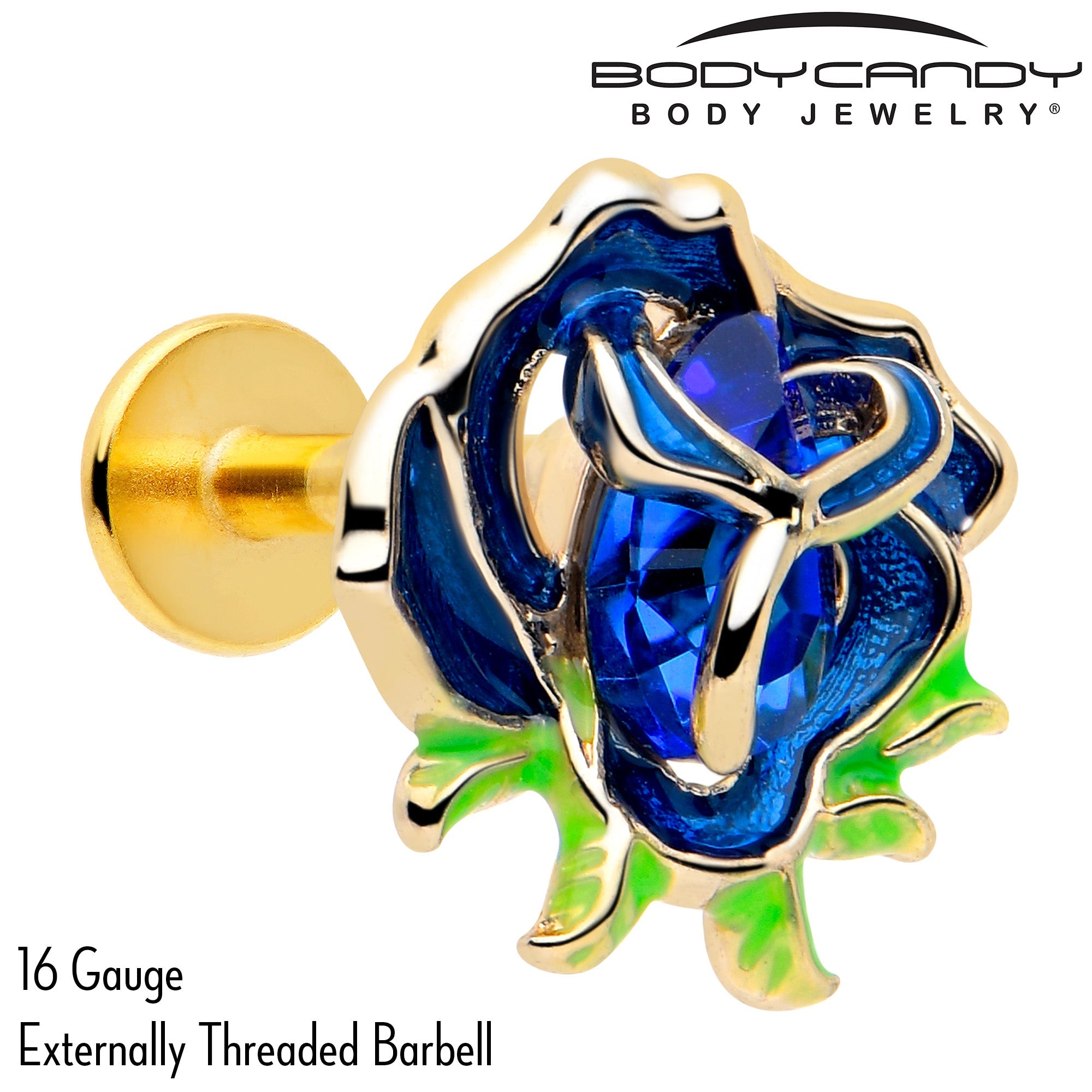 BodyCandy 16G Gold Tone Deep Blue Flower Flat Back Earring — detail close-up