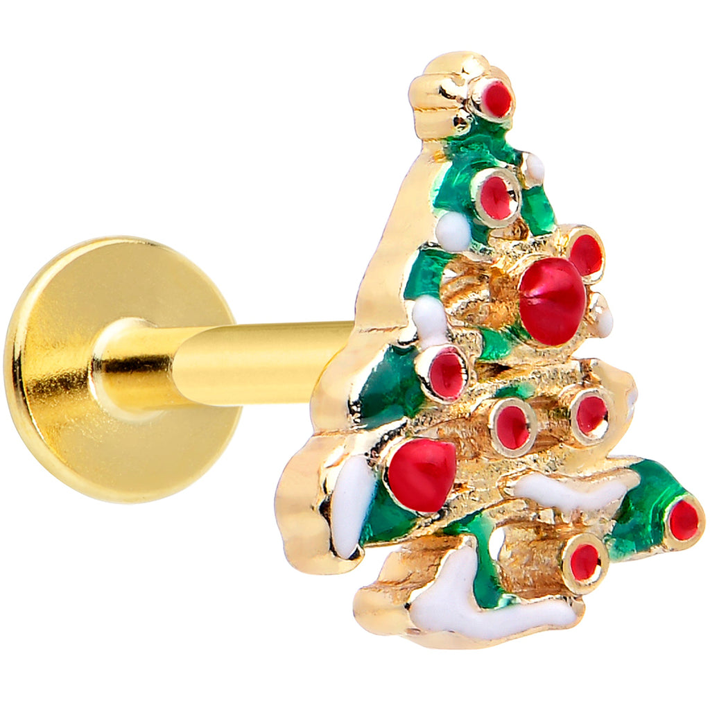 BodyCandy 16G 1/4 Gold Tone Snowy Christmas Tree Holiday Labret Monroe Tragus — main product shot