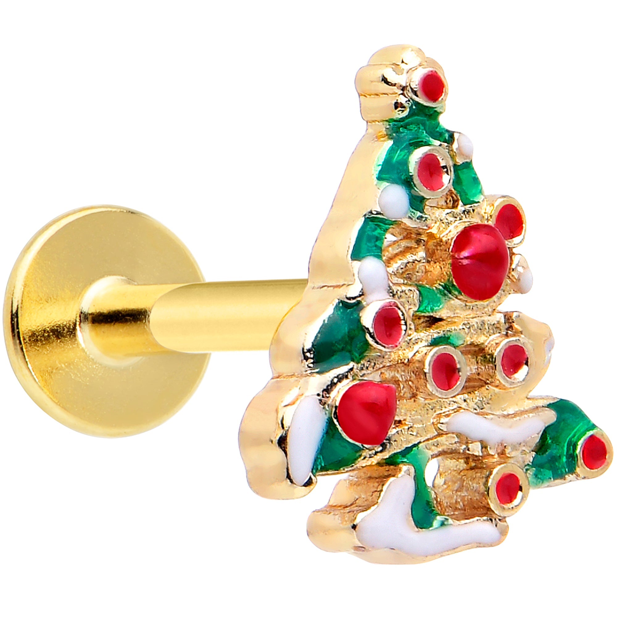 BodyCandy 16G 1/4 Gold Tone Snowy Christmas Tree Holiday Labret Monroe Tragus — main product shot