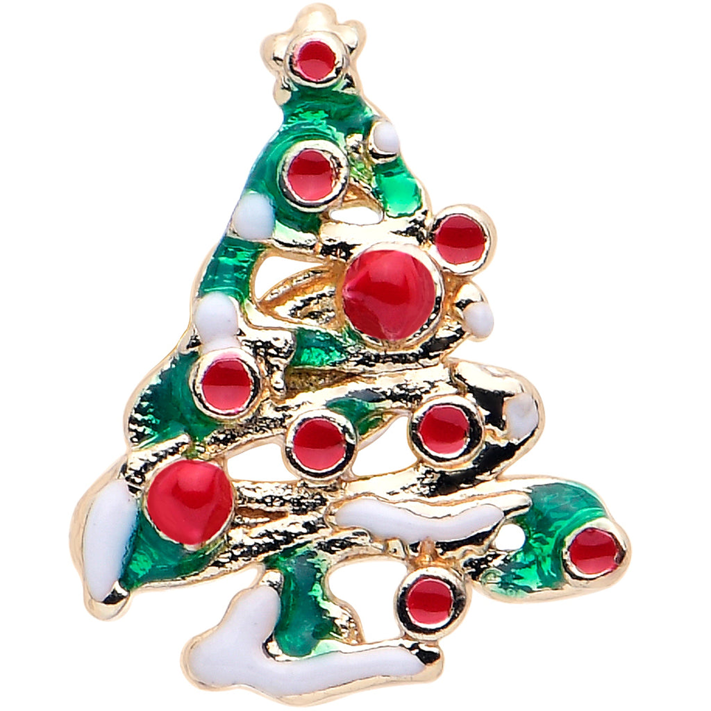 BodyCandy 16G 1/4 Gold Tone Snowy Christmas Tree Holiday Labret Monroe Tragus — detail close-up
