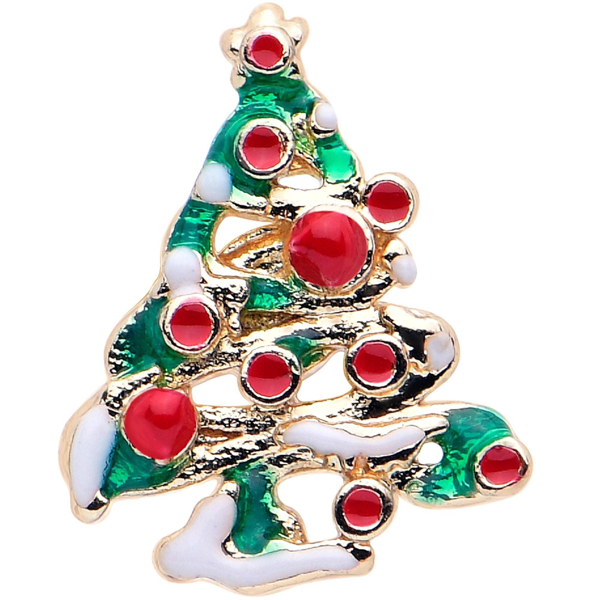 BodyCandy 16G 1/4 Gold Tone Snowy Christmas Tree Holiday Labret Monroe Tragus — detail close-up