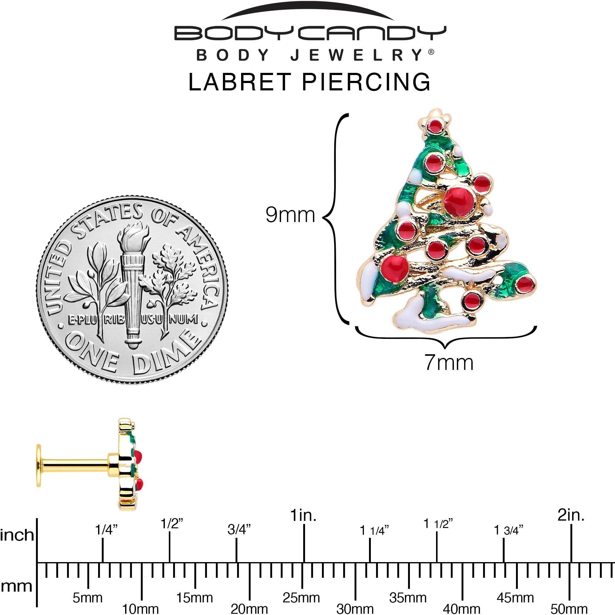 BodyCandy 16G 1/4 Gold Tone Snowy Christmas Tree Holiday Labret Monroe Tragus — side view