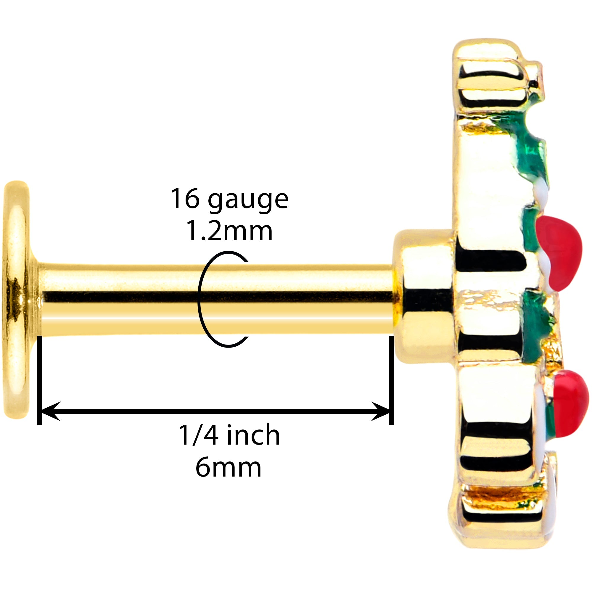 BodyCandy 16G 1/4 Gold Tone Snowy Christmas Tree Holiday Labret Monroe Tragus — back view