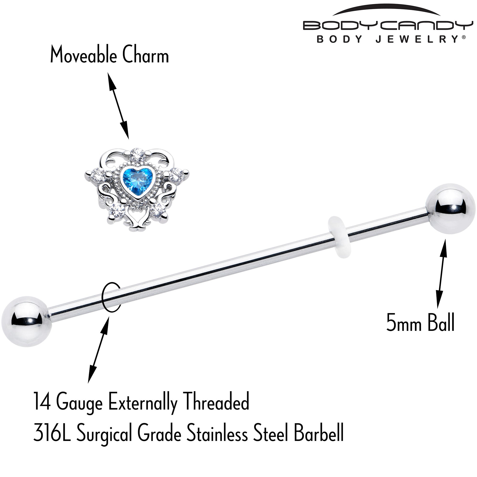 BodyCandy 14G Blue Clear CZ Gem Heart Pair Industrial Barbell 38mm — side view