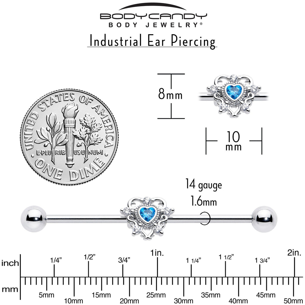 BodyCandy 14G Blue Clear CZ Gem Heart Pair Industrial Barbell 38mm — back view