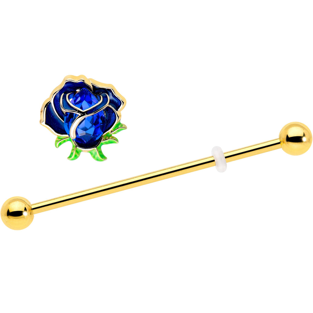 BodyCandy 14G Blue Gem Gold Tone Deep Blue Flower Industrial Barbell 38mm — detail close-up