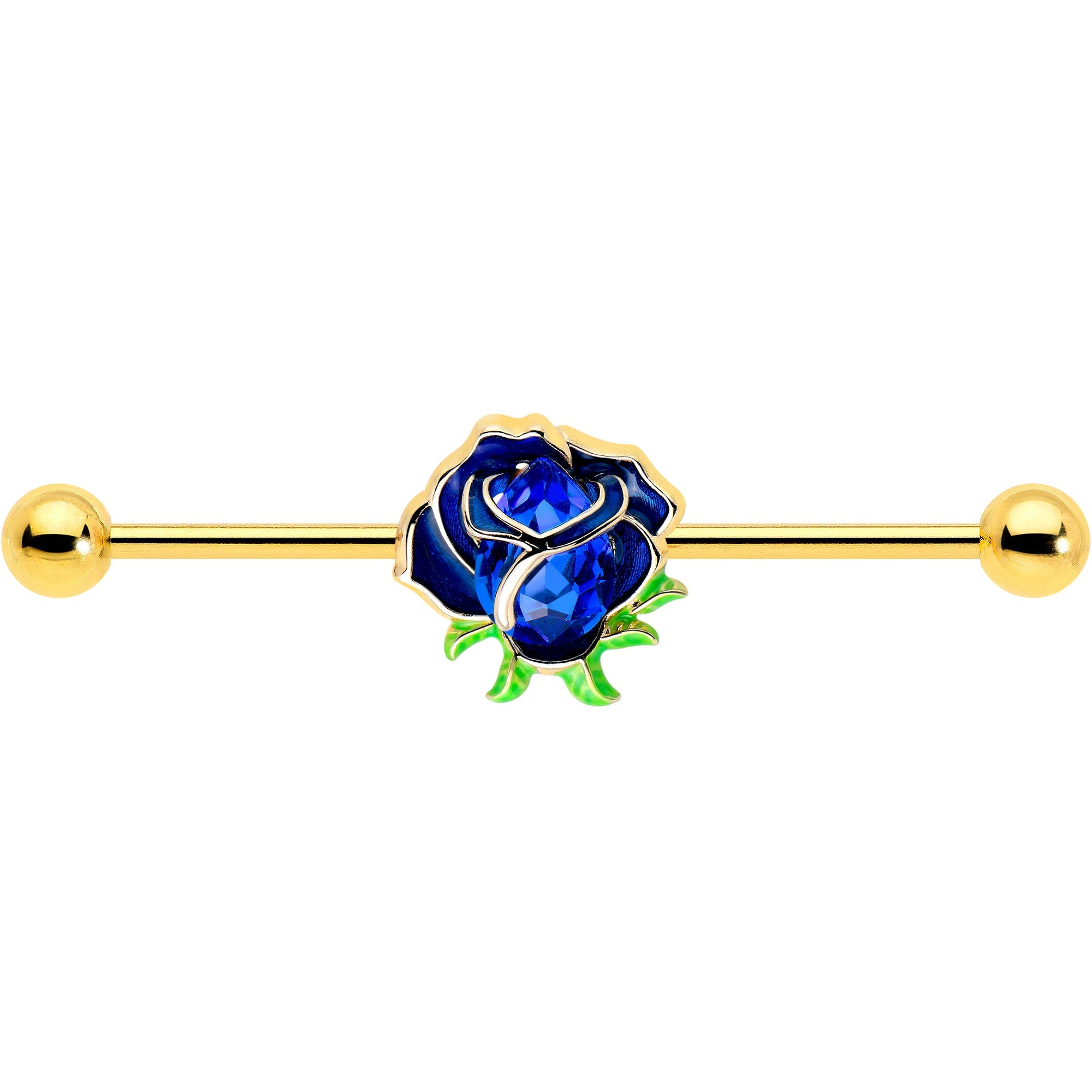BodyCandy 14G Blue Gem Gold Tone Deep Blue Flower Industrial Barbell 38mm — lifestyle context
