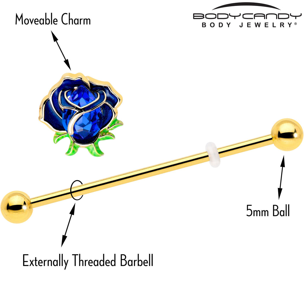 BodyCandy 14G Blue Gem Gold Tone Deep Blue Flower Industrial Barbell 38mm — side view