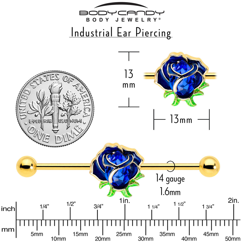 BodyCandy 14G Blue Gem Gold Tone Deep Blue Flower Industrial Barbell 38mm — back view