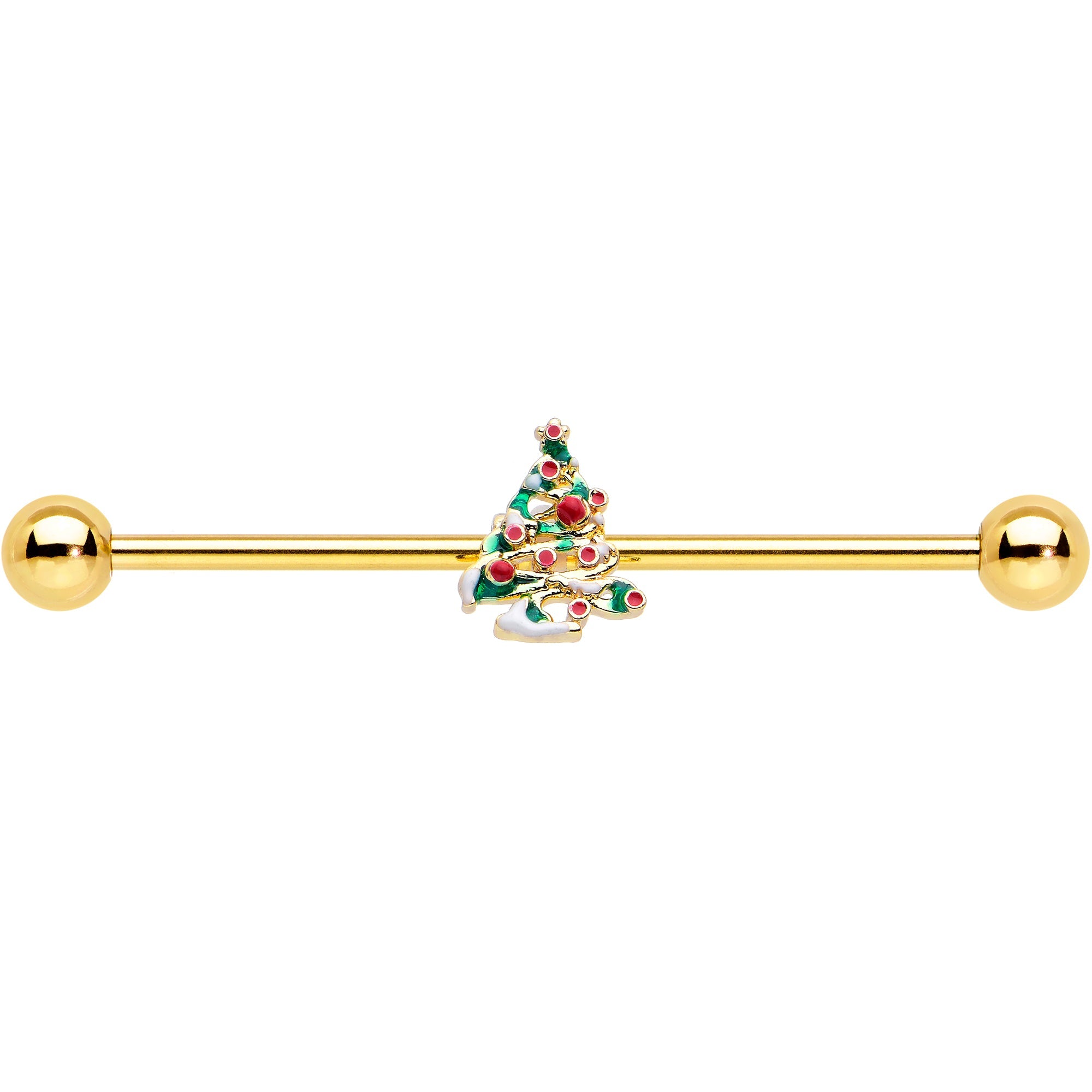 BodyCandy 14G Gold Tone Snowy Christmas Tree Holiday Industrial Barbell 38mm — lifestyle context