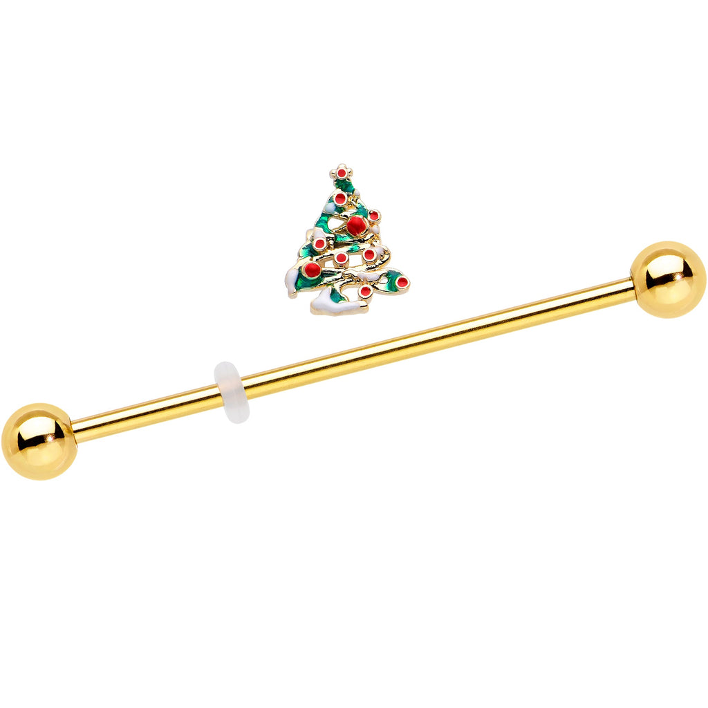 BodyCandy 14G Gold Tone Snowy Christmas Tree Holiday Industrial Barbell 38mm — detail close-up