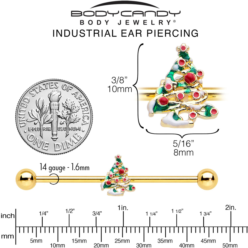 BodyCandy 14G Gold Tone Snowy Christmas Tree Holiday Industrial Barbell 38mm — side view