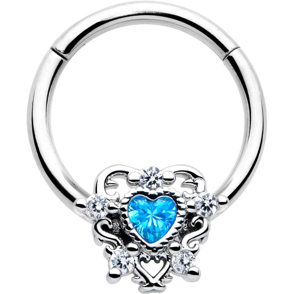 BodyCandy 16G 3/8 Blue Clear CZ Gem Heart Pair Hinged Segment Ring — main product shot