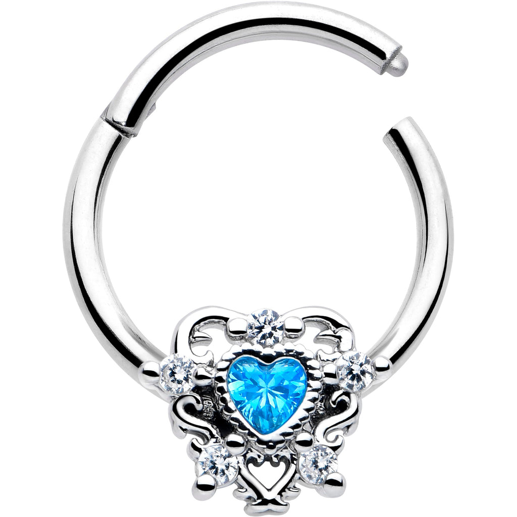 BodyCandy 16G 3/8 Blue Clear CZ Gem Heart Pair Hinged Segment Ring — detail close-up
